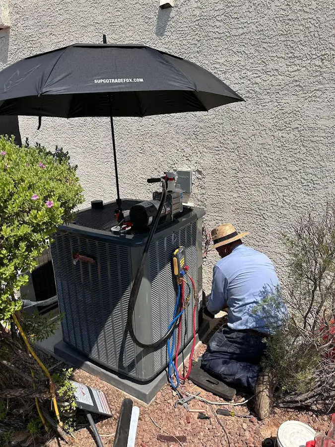 HVAC technician performing outdoor AC maintenance in Carol Stream